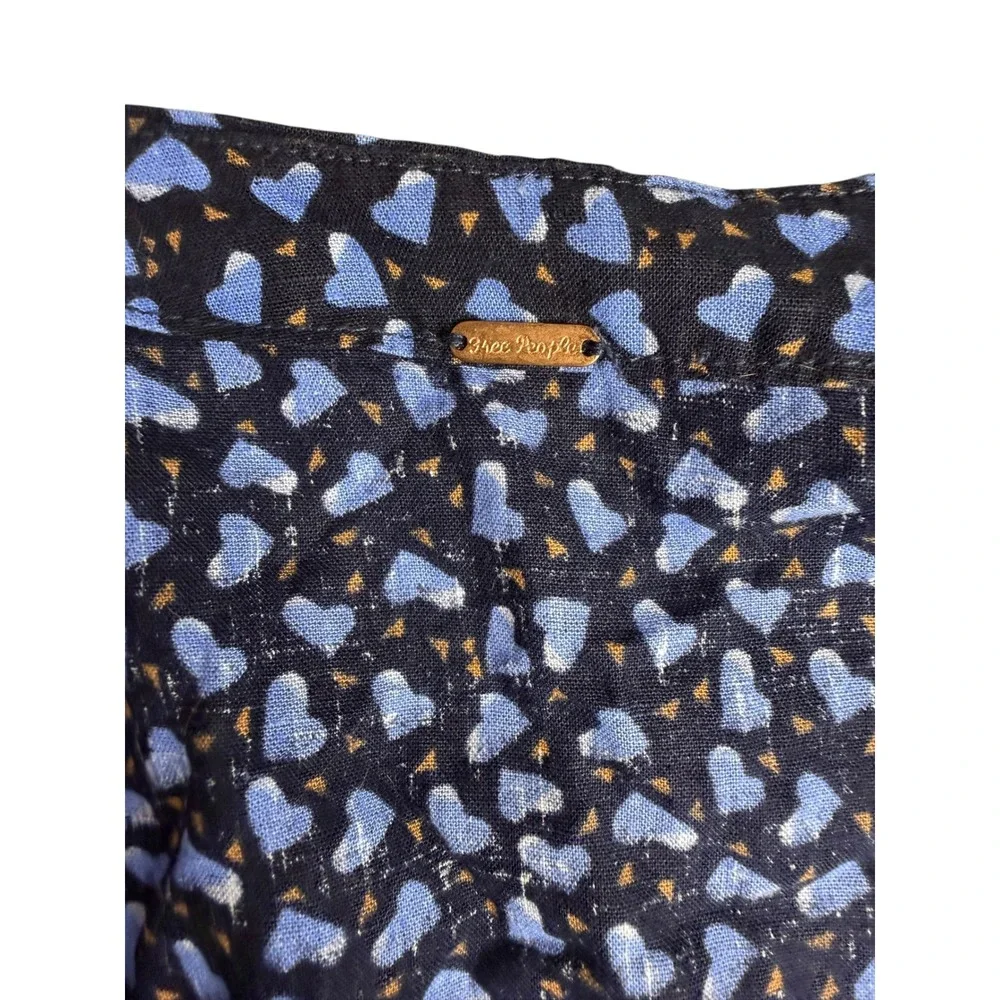Free People Heart Print Twist Front Crop Top Blue Black V-Neck Smocked Back